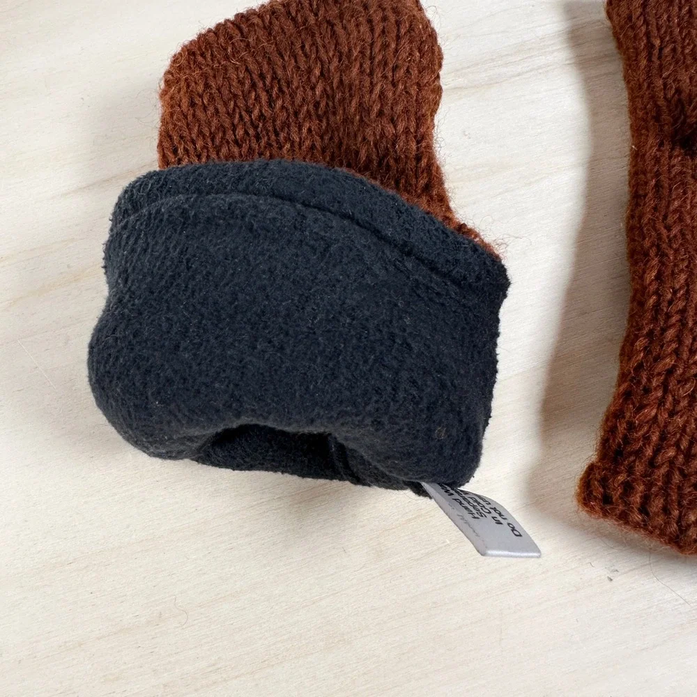 Owl Knot Fingerless Wool Mittens Fleece‎ Lined Made In Nepal Brown